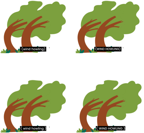 Four images of the same set of trees blowing in the wind. Each image has a closed caption in white text on a black background located in the bottom center of the image. Each image uses parentheses to indicate a "wind howling" sound effect. Top left contains parentheses with no spacing: (wind howling). Top right contains parentheses with no spacing in uppercase: (WIND HOWLING). Bottom left contains parentheses with spaces: ( wind howling ). Bottom right contains parentheses with spaces in uppercase: ( WIND HOWLING )