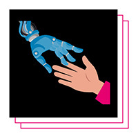 A robot hand and human hand reaching out to touch