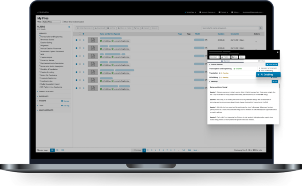 3Play Media's user interface platform depicting the My Files page where one can see the status of file orders and order additional services directly in the My Files page.