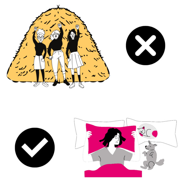 An X next to three people punching up towards a pile of hay. A checkmark next to a person sleeping in bed.