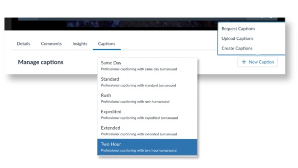screenshots of manage captions dropdown and turnaround options