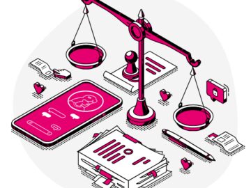 graphic image of various items, including a cell phone, a legal scale, pens, and documents.