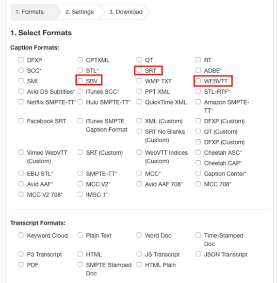 Screenshot Select Formats with SBV, SRT, and WEBVTT Caption Formats selected