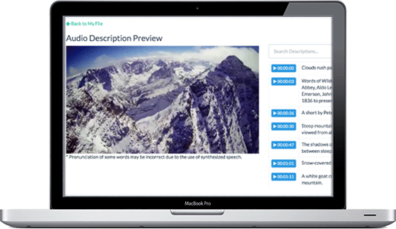 Audio description preview within your 3Play Media account. Descriptions appear with time code to the right of video.