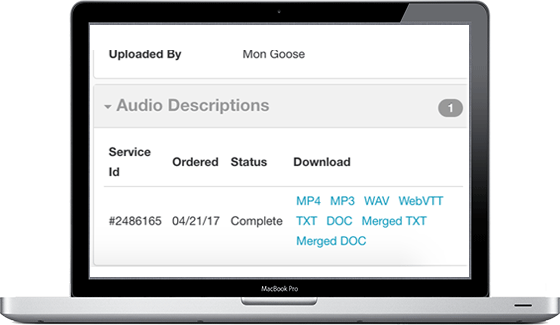Audio description download formats within your 3Play account. These formats include MP4, MP3, WAV, WebVTT, TXT, DOC, Merged TXT, and Merged Doc
