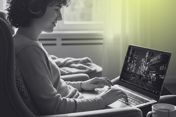 person watching video on laptop using headphones