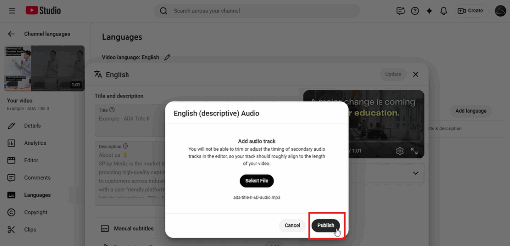 YouTube video descriptive audio selection page