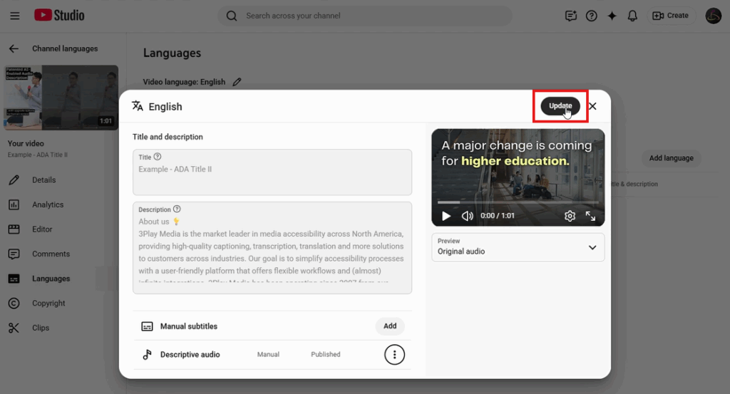YouTube publish descriptive audio page