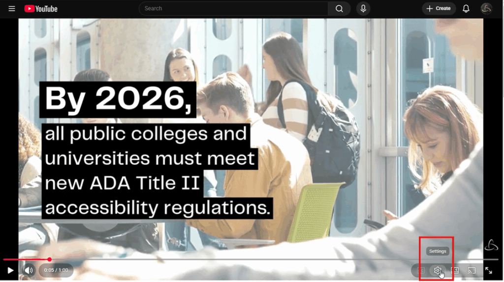 YouTube video, settings icon