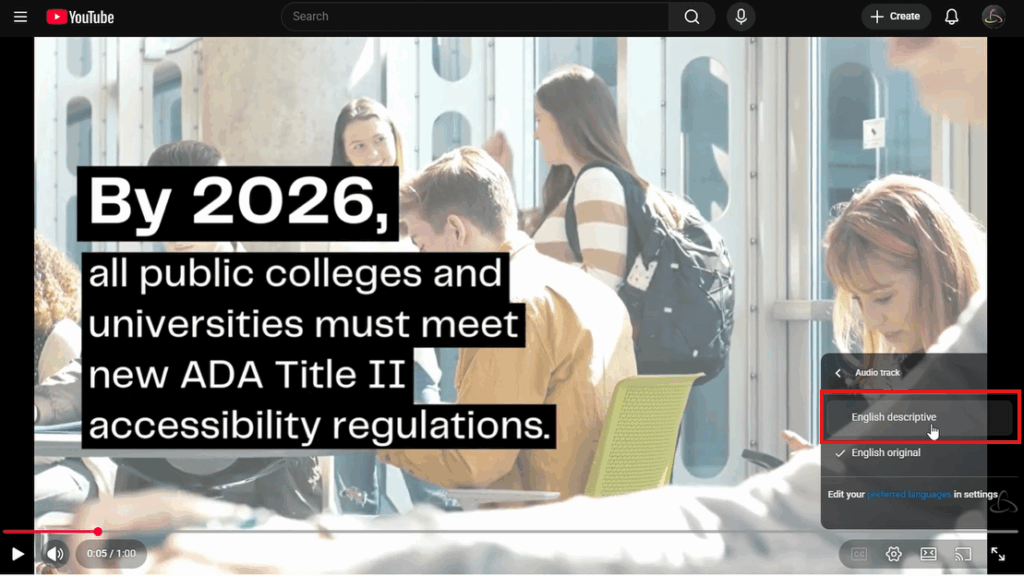 YouTube video, selecting descriptive audio