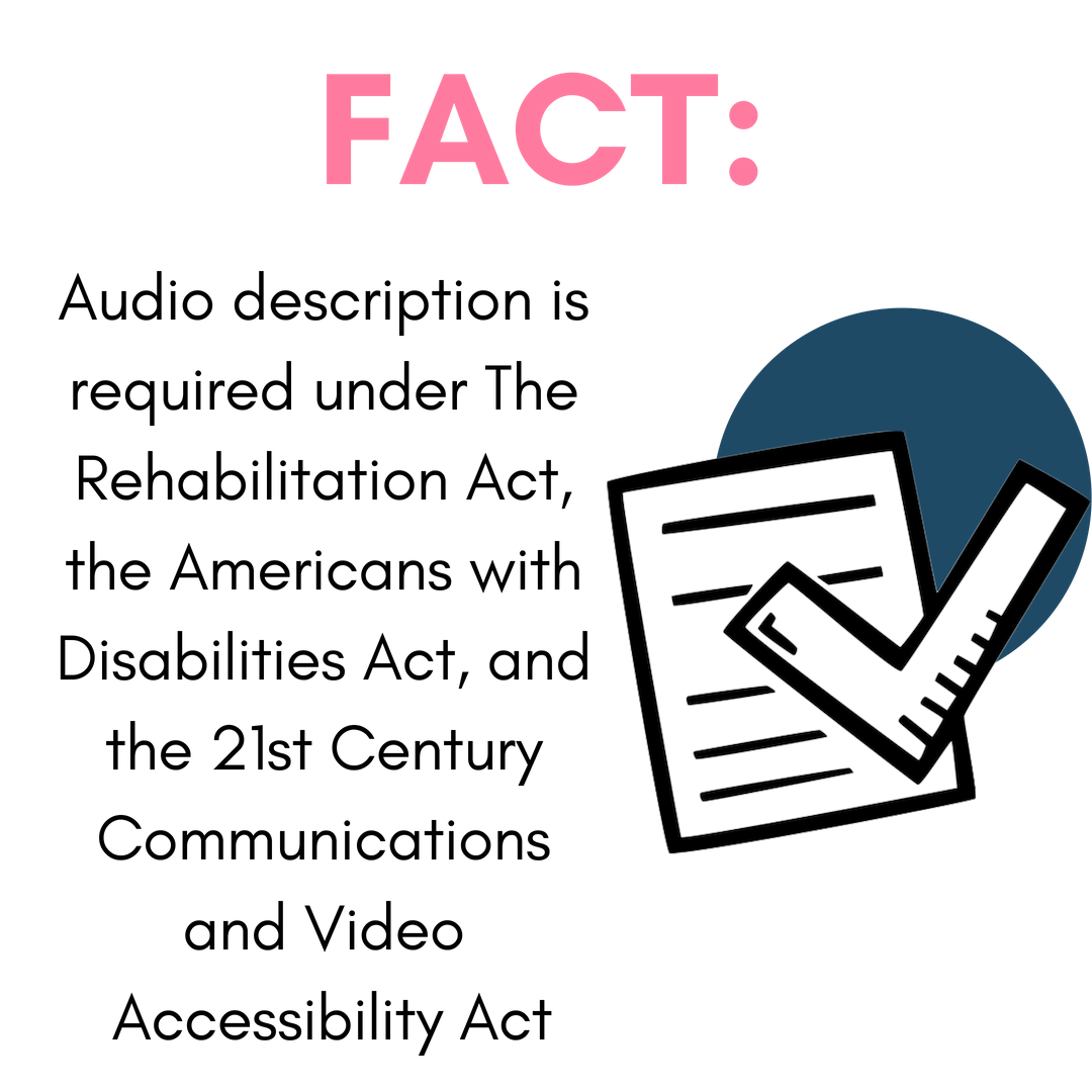 Fact: Audio description is required under The Rehabilitation Act, the Americans with Disabilities Act, and the 21st Century Communications and Video Accessibility Act