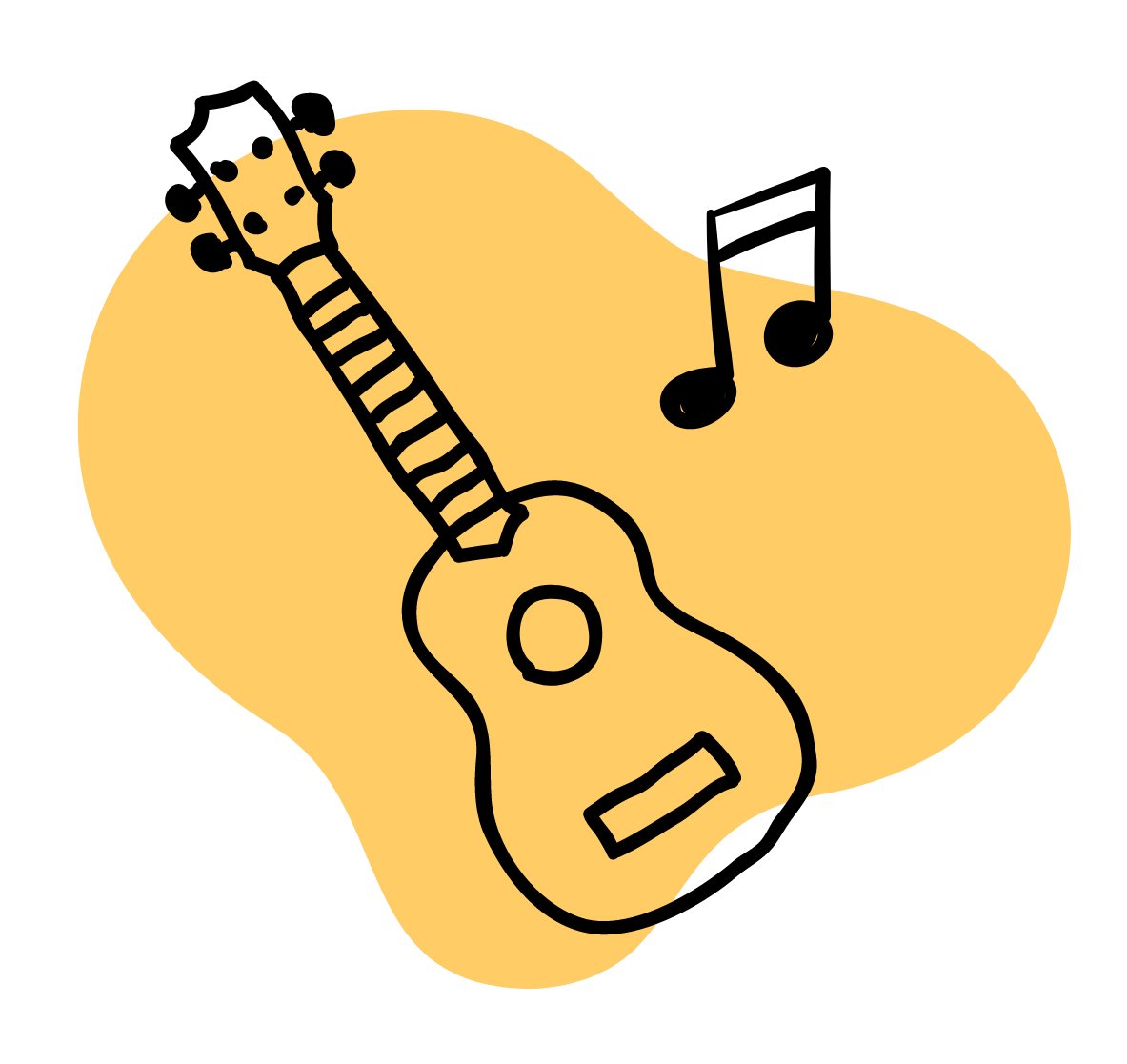 Guitar and music note float on yellow background