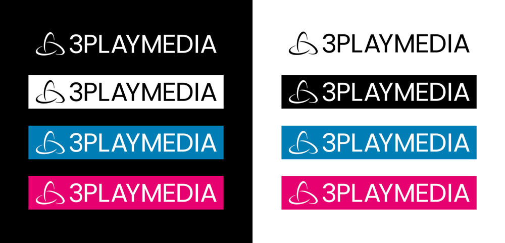 All approved variants of the rebranded 3Play Media logo on black and white backgrounds. The options include white, blue, or pink on black; black, blue, or pink on white.