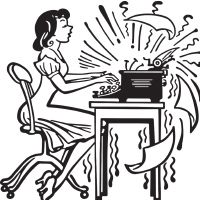 a cartoon woman typing on a typewriter. Papers flying everywhere