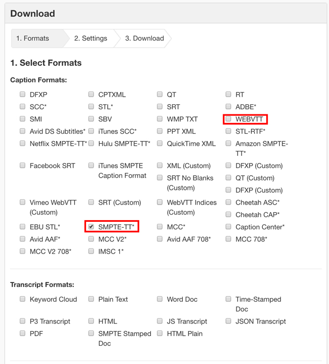 WebVTT and SMPTE-TT option highlighted