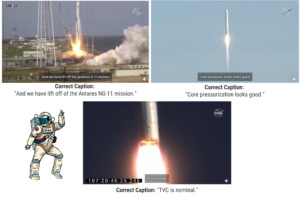 Three images from Nasa with incorrect captions. In the first image the caption reads: "And we have lift off the guitarist G 11 mission." The correct caption: "And we have lift off of the Antares NG-11 mission." The second image the caption reads: core pressures Asian looks good. The correct caption: "Core pressurization looks good." The third image the caption reads: Phenomenal. The correct caption: "TVC is nominal."