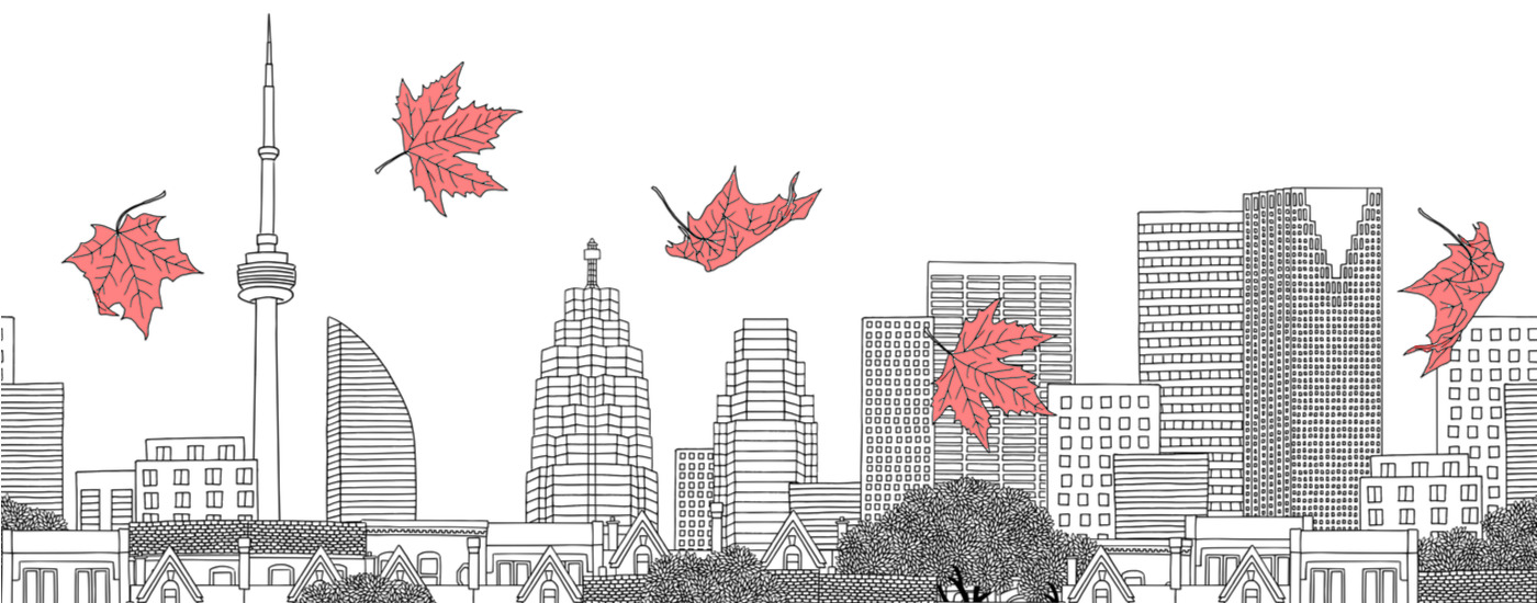 A cityscape with red leaves floating in the foreground.