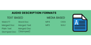 Audio Description Formats. Text Based: WebVTT, Merged Doc, Plain Text, Stamped Doc, Word Doc, Merged Text, Merged Doc (stamped); Media Based: MP4, MP3, OGG, WAV