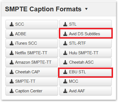 Download Your Caption File. SMPTE Caption Formats with Avid DS Subtitles and EBU STL selected
