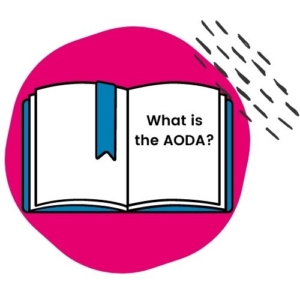 Book with the text "What is the AODA?" on top of magenta blob