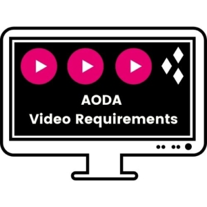 Computer screen with video icons and text that reads "AODA video requirements"