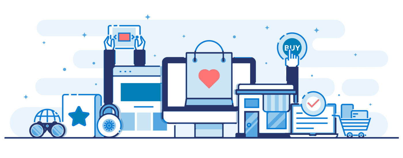 ecommerce icons such as shopping carts, tablets, laptops, storefronts, and more.