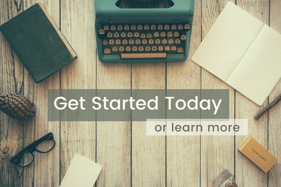 Vintage typewriter, notebook, and glasses on wooden table background with "Get started today, or learn more" text overlay