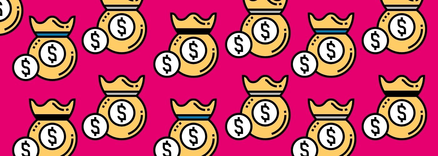 Cartoon money bags against pink background