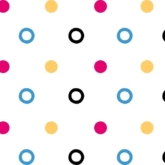 Pink, black, blue, and yellow circles on white background