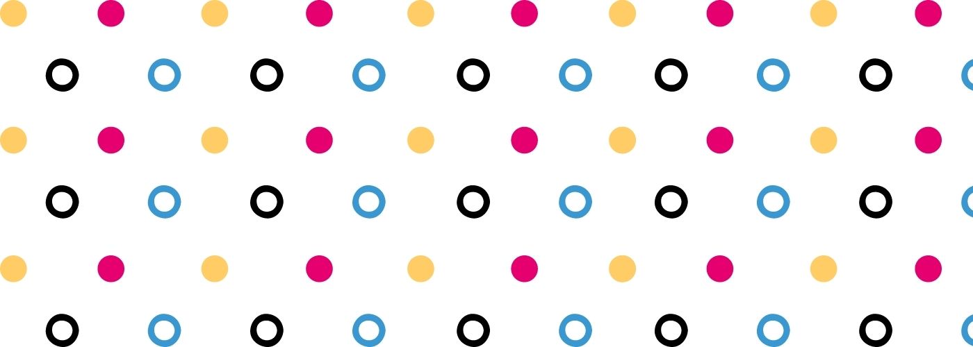 Pink, black, blue, and yellow circles on white background