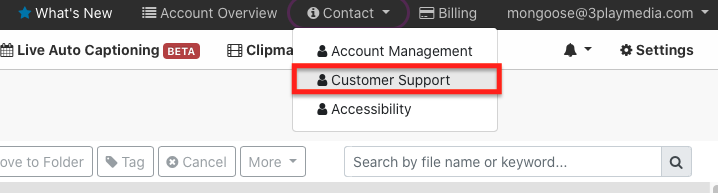 customer support tab in the 3Play Account System