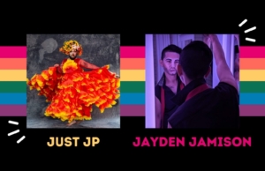 Just JP and Jayden Jamison in drag. JP is wearing a vibrant red and yellow dress with a flower headpiece and extravagant makeup. Jayden is wearing makeup, a black shirt, and an undone red tie looking into a mirror.