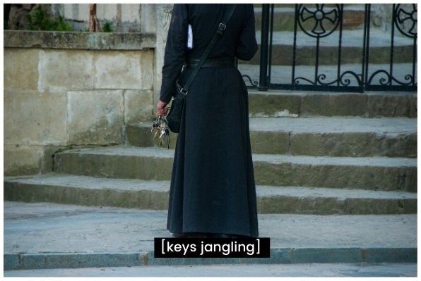 person holds a set of keys. Caption reads "keys jangling"