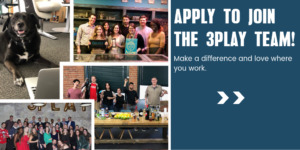 Apply to join the 3play team! Make a difference and love where you work. Collage of 3Play Media employees at different social events. Photos include the marketing team at an escape room, a company cocktail competition, Bo at a laptop, and a group photo in formalwear.