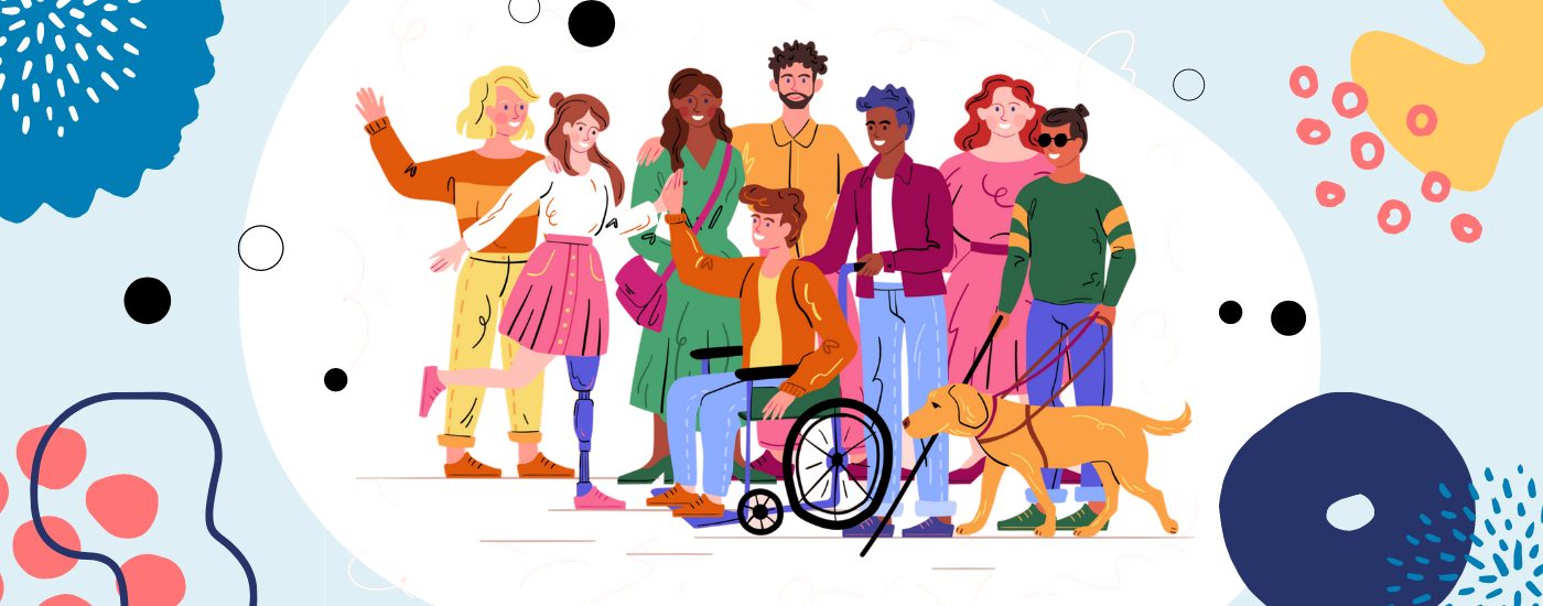 A diverse group of disabled and non-disabled people smiling and embracing each other.