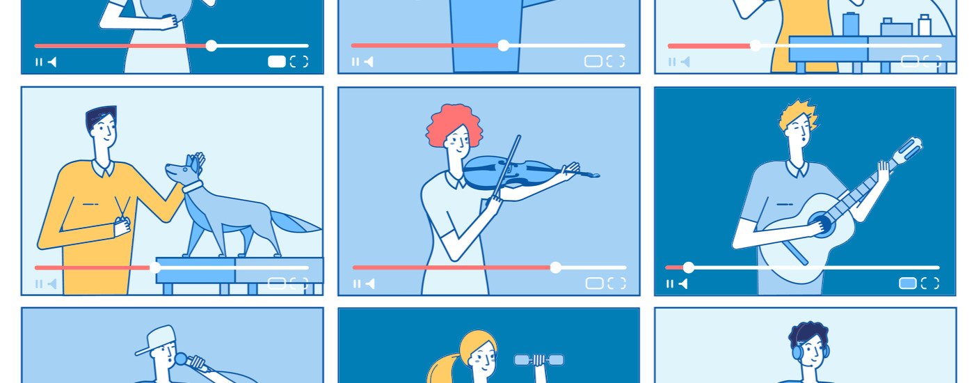 Illustration that depicts individuals performing activities in YouTube videos, such as playing the violin, working out, and petting a dog.