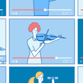 Illustration that depicts individuals performing activities in YouTube videos, such as playing the violin, working out, and petting a dog.