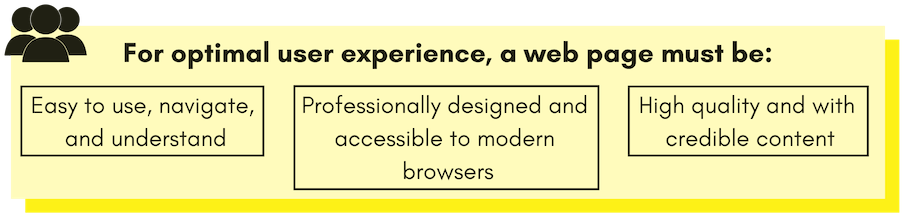 For optimal user experience, a web page must be: Easy to use, navigate, and understand, Professionally designed and accessible to modern browsers, High quality, legitimate, and credible content.
