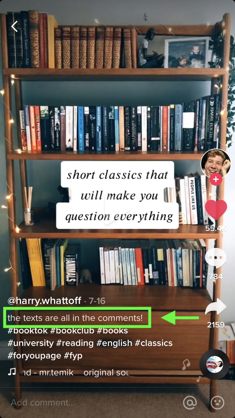 TikTok video shares classic books that will "make you question everything." This TikTok includes text descriptions in the comments.