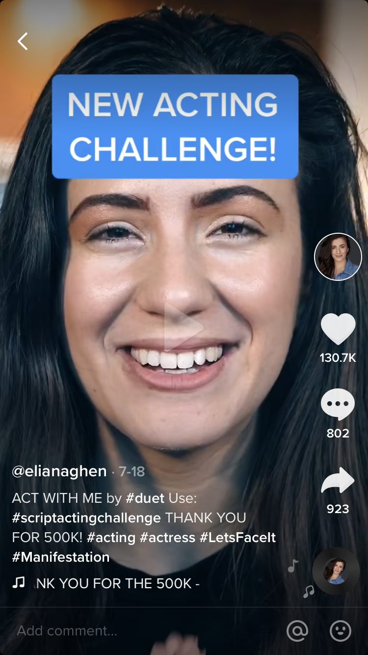 Eliana Ghen, Tik Tok acting coach. Caption reads, "New Acting Challenge."