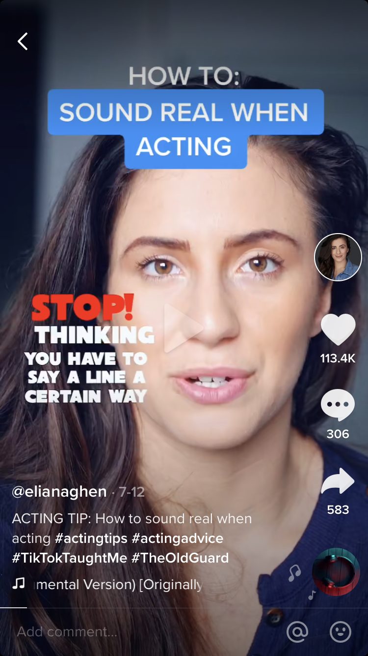 Eliana Ghen, Tik Tok acting coach. Captions read, "How to sound real when acting: stop thinking you have to say a line a certain way."