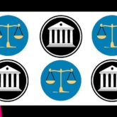 Alternating circles with justice scales and courthouses