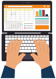 two hands typing on laptop with graphs on the screen