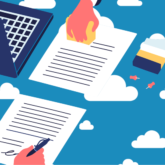 legal papers and computer against a cloud background illustration