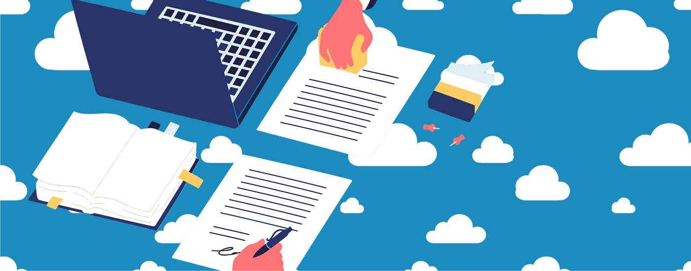 legal papers and computer against a cloud background illustration