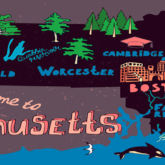 Illustrated map of the state of Massachusetts, USA and the prominent cities and travel attractions.