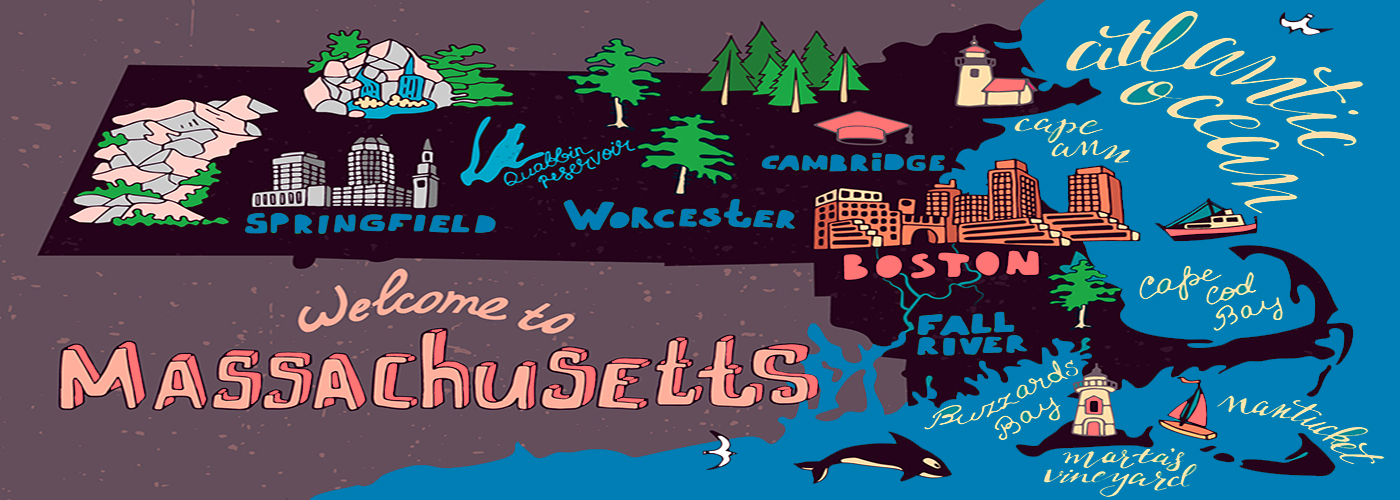 Illustrated map of the state of Massachusetts, USA and the prominent cities and travel attractions.