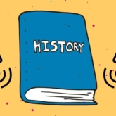Outlines of people speaking surrounding a book that says "History" on the cover