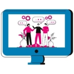 People talking with speech bubbles on computer screen