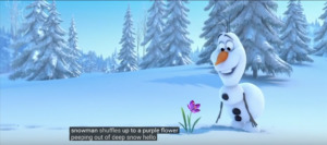 Olaf sniffs a purple flower peeping up out of snow